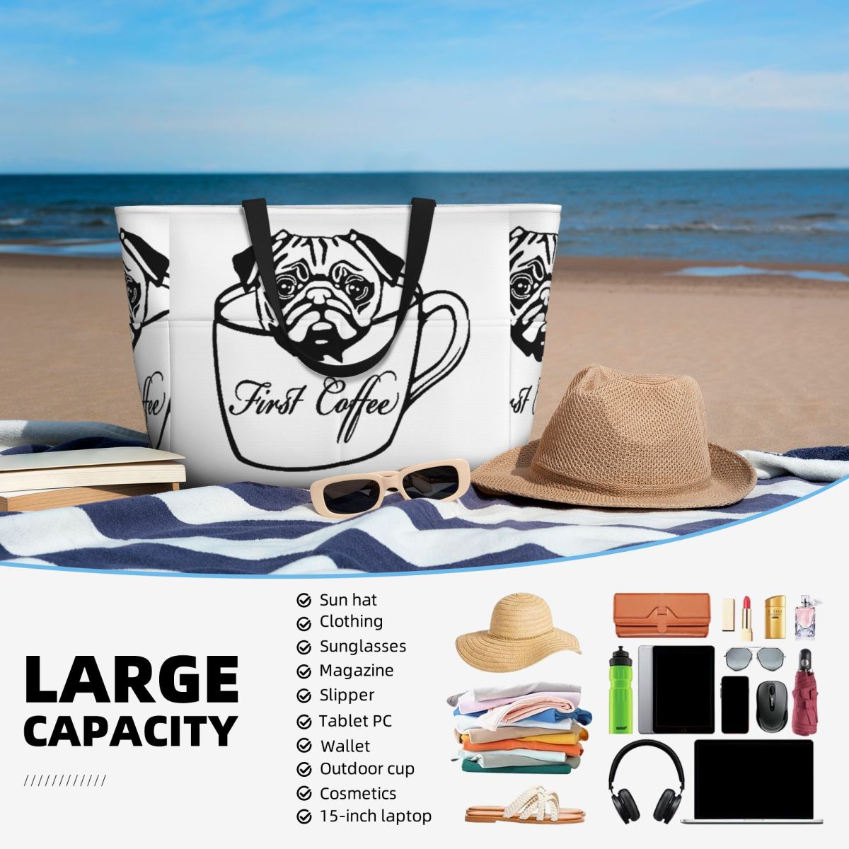 Pug First Coffee Beach Tote Ba - Yoga Fitness First avis et prix